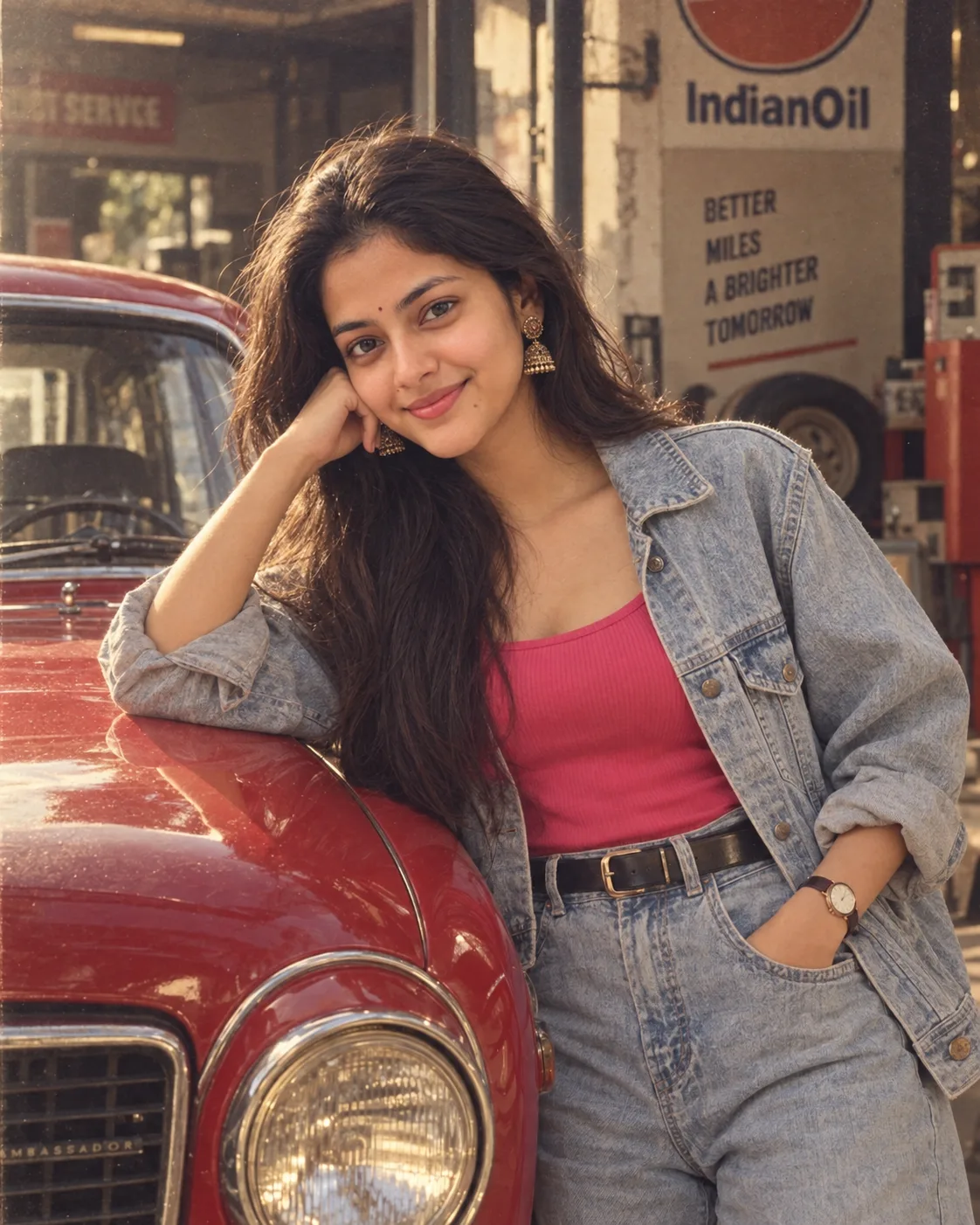A cinematic, vintage-inspired, realistic portrait of a young Indian woman leaning against a classic vintage red car, matching the uploaded