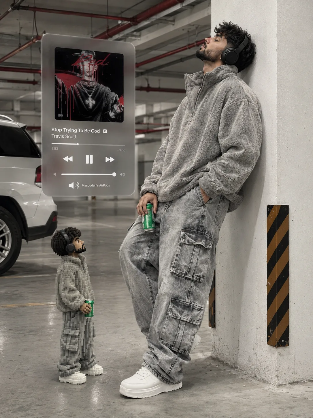 STREETWEAR FASHION PHOTOGRAPH WITH AUGMENTED REALITY OVERLAYS, VERTICAL 3:4, HYPER-REALISTIC, VIRAL INSTAGRAM AESTHETIC.