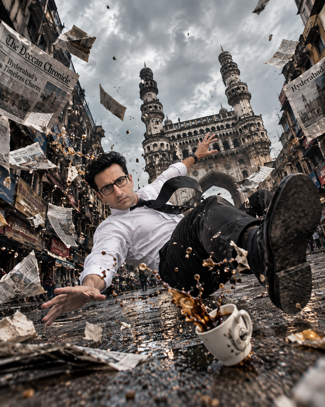 Bullet time effect. A businessman in white shirt and adi Sou black tie slipping and falling backwards on an newspapers street in Charminar,