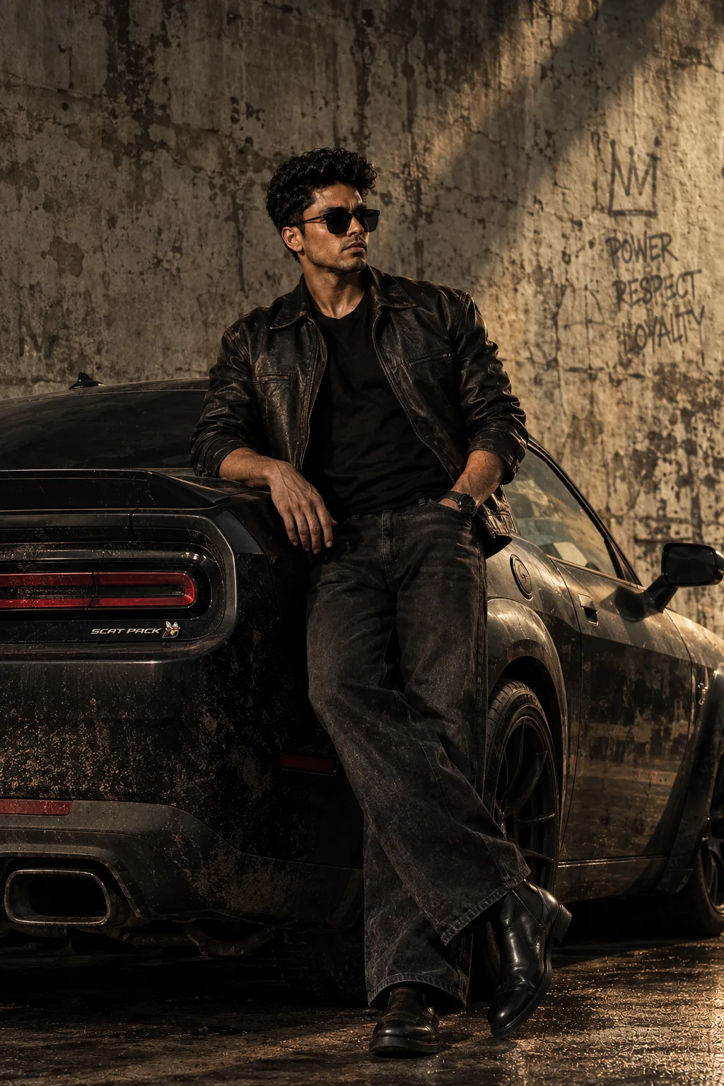 Cinematic hero movie poster, a handsome 32-year-old man, 5ft 9in with a muscular athletic physique and strong mafia vibes, stylish dark