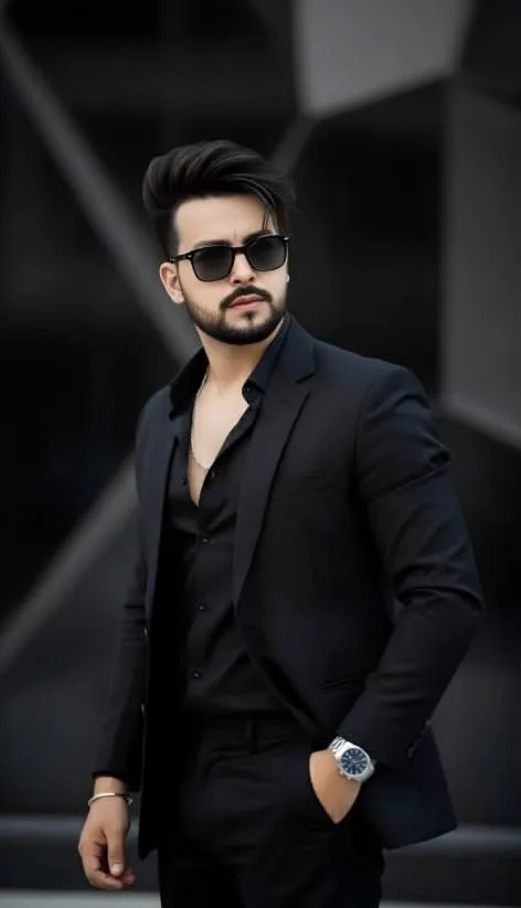 A high-fashion portrait of a stylish young South Asian man with well-groomed, voluminous dark hair styled in a modern pompadour.