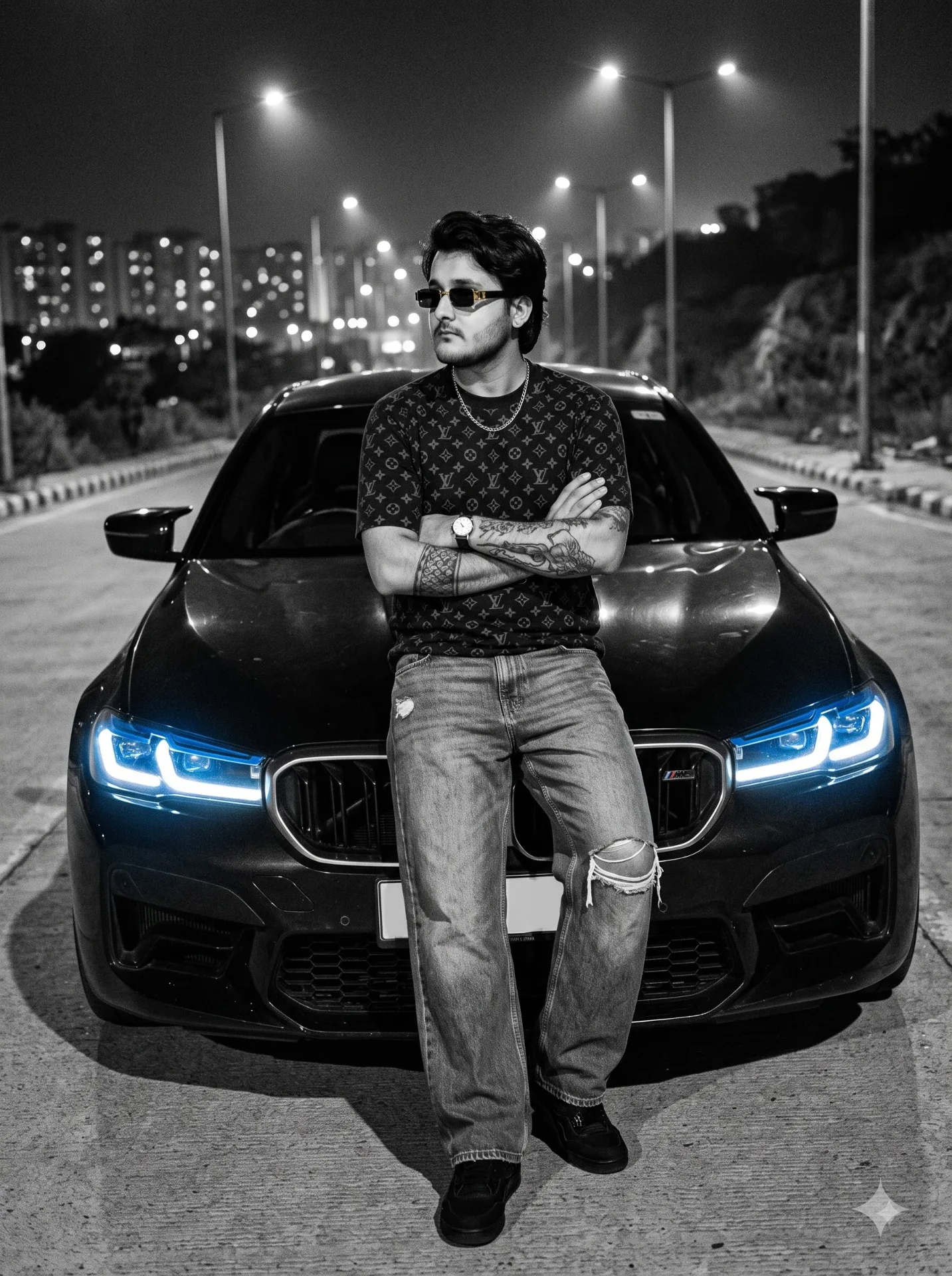 Photorealistic night portrait of a young man in his mid-20s with stylish black hair and a light beard, serious expression looking off