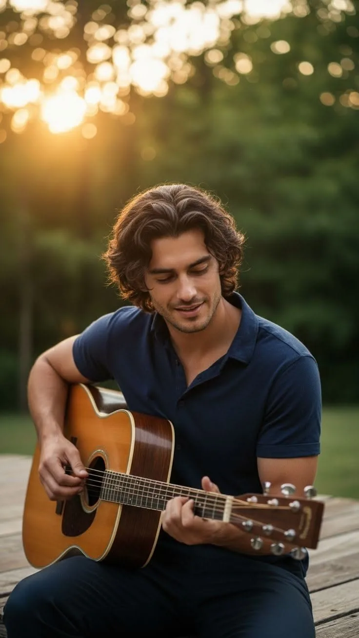 A beautiful, candid 9:16 cinematic portrait of a young man with thick, wavy mid-length brown hair, sitting outdoors on a wooden deck and