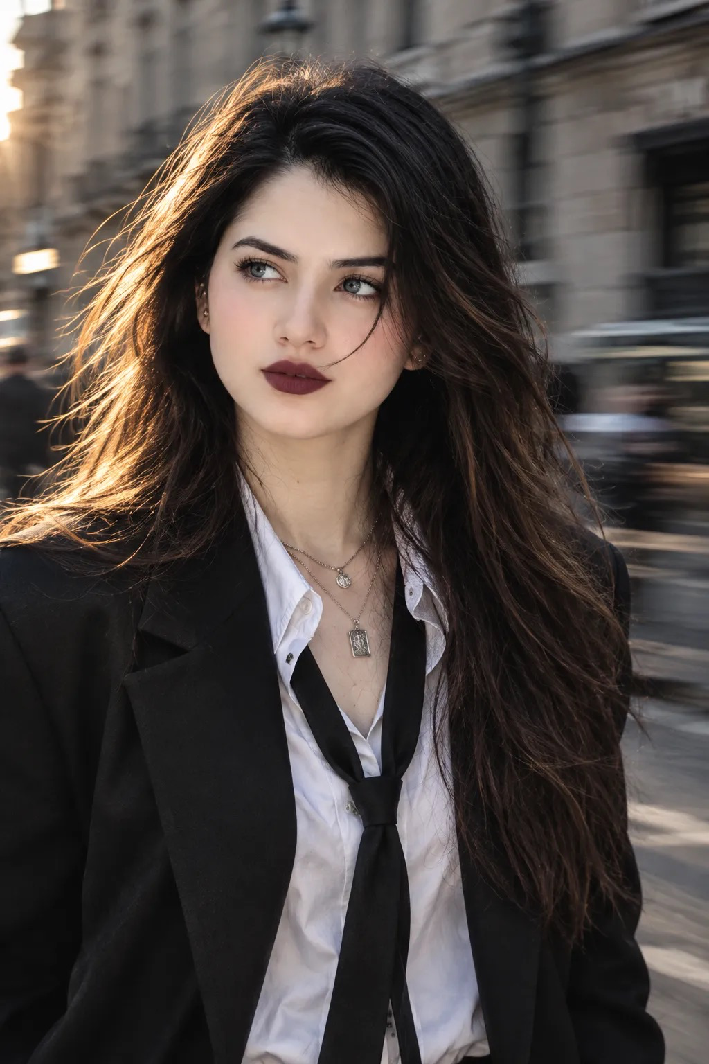 Photorealistic medium portrait of a young woman(Match only the facial features of the reference model with very high identity accuracy.