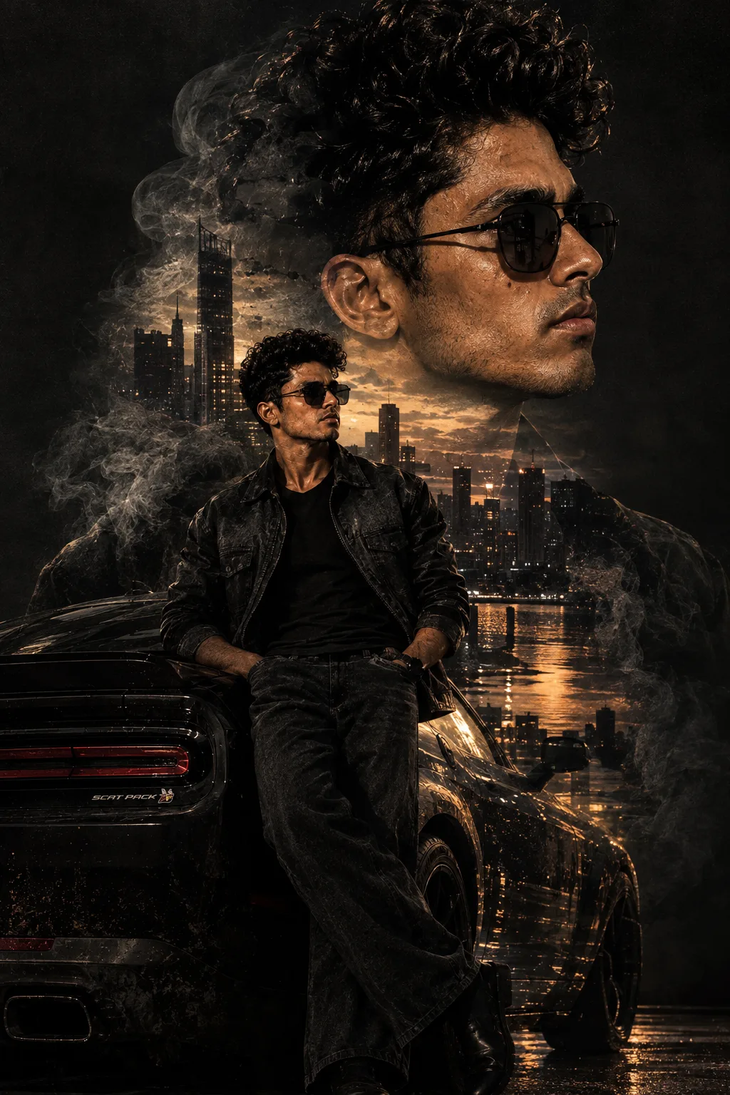 Ultra-realistic high-fashion cinematic double exposure portrait of a young Indian man, using the uploaded reference image for the exact