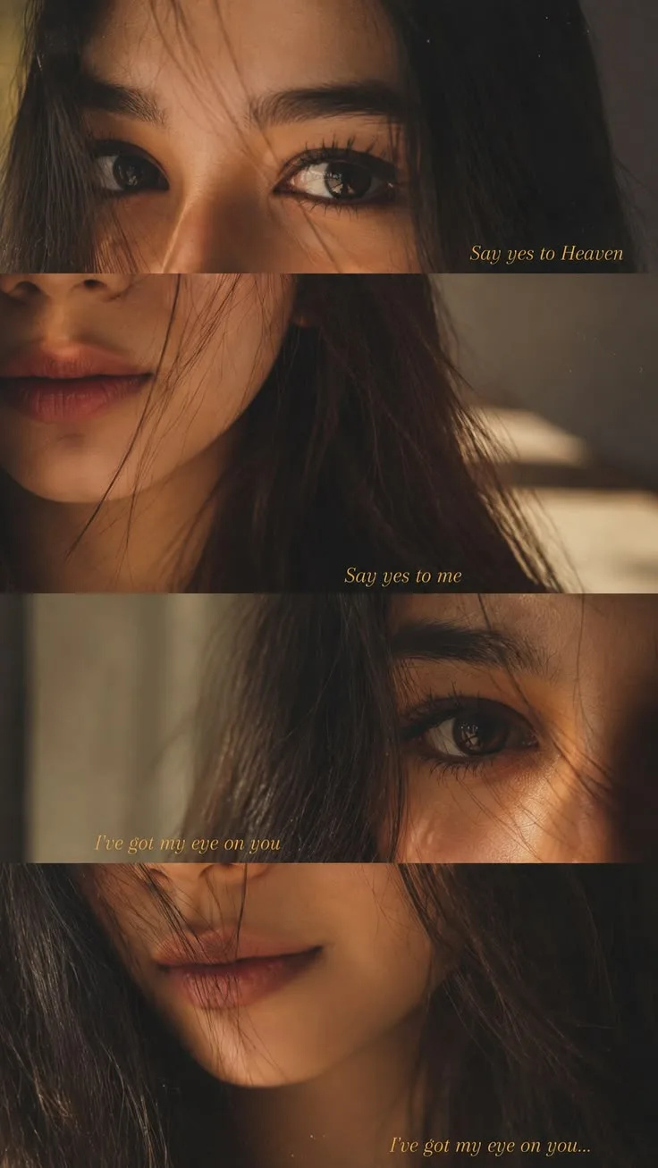 A photorealistic vertical aesthetic collage composed of four horizontal stacked macro crop panels featuring the young Indian woman from the