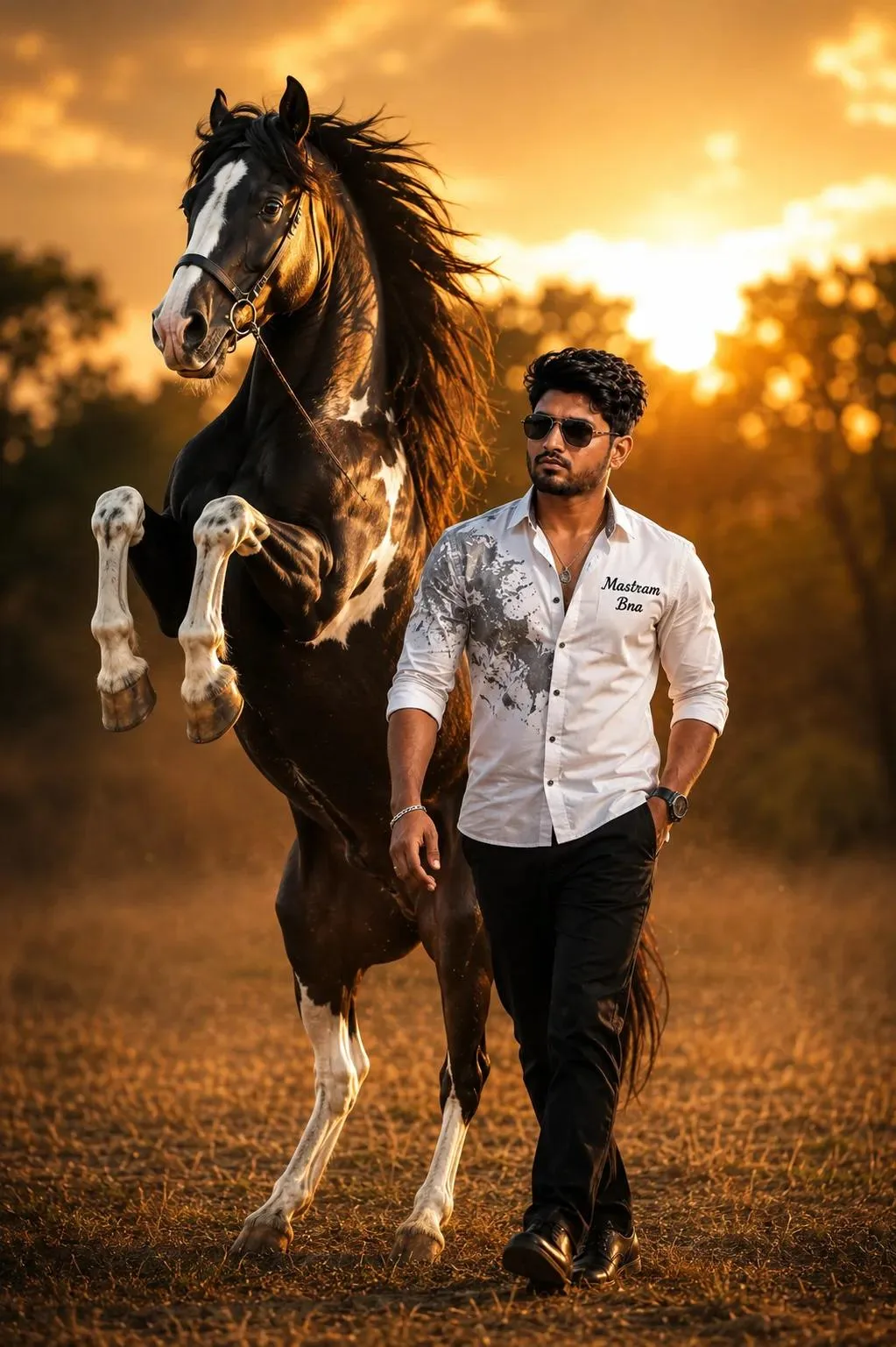 Ultra-realistic cinematic portrait of a handsome South Asian man with stylish black hair, black sunglasses, white printed shirt with right