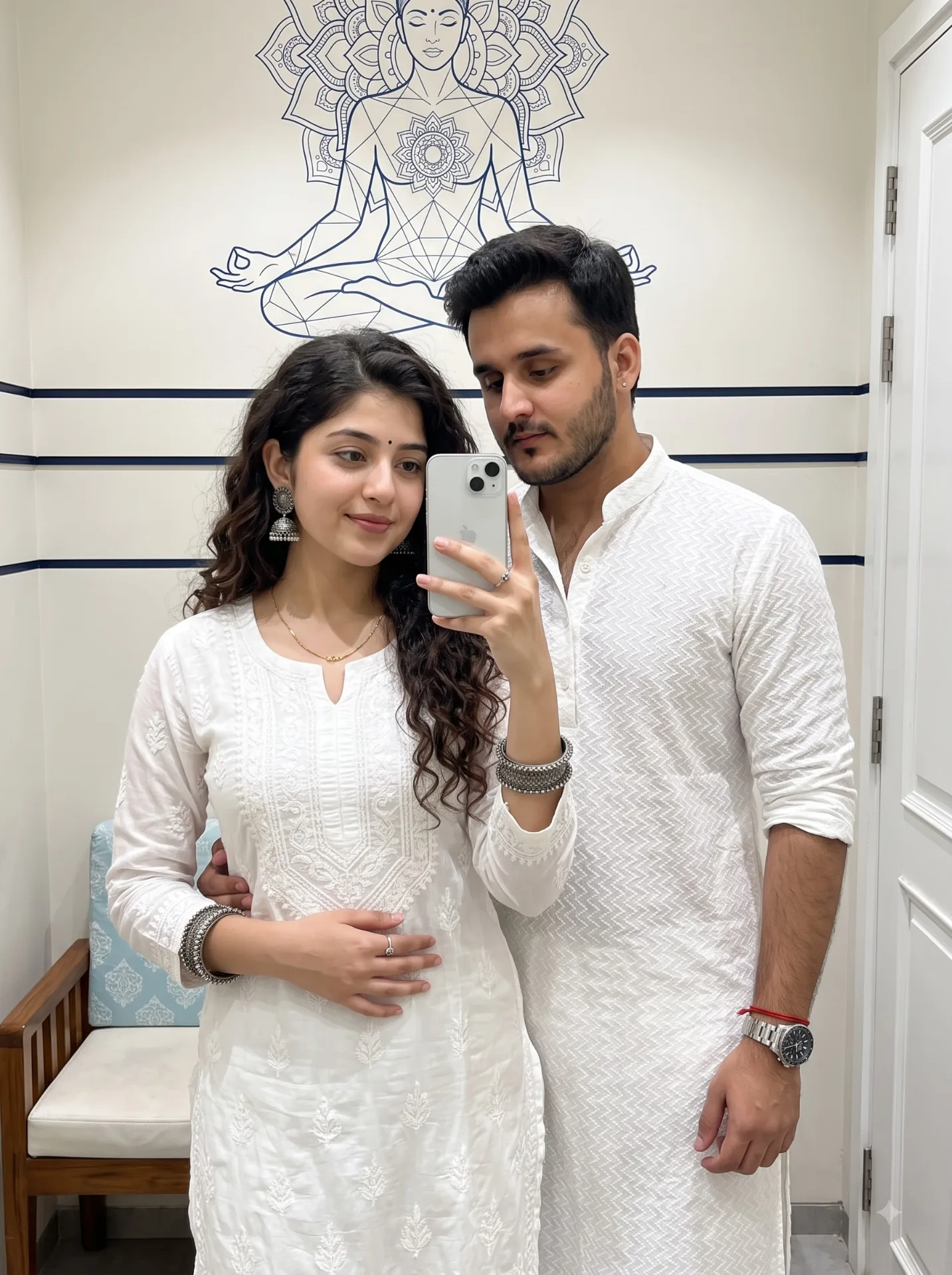 100% hyper-realistic, photorealistic unedited mirror selfie of a young Indian couple.