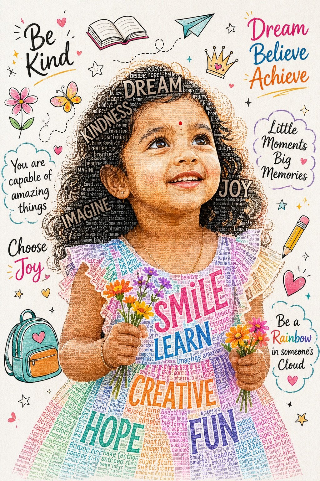 Create a premium personalized typography portrait of the same little girl from the reference photo.