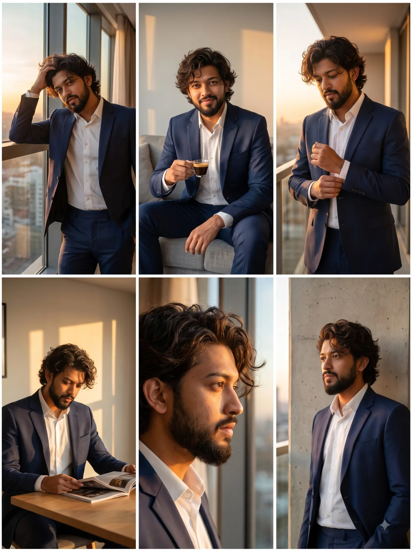 Ultra realistic luxury men's fashion editorial collage featuring the same handsome young man in six different cinematic lifestyle