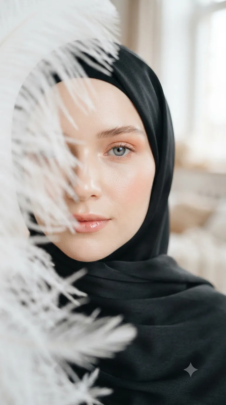 Ultra-realistic close-up portrait of a young woman wearing a soft black hijab, partially framed by delicate white feathers in the