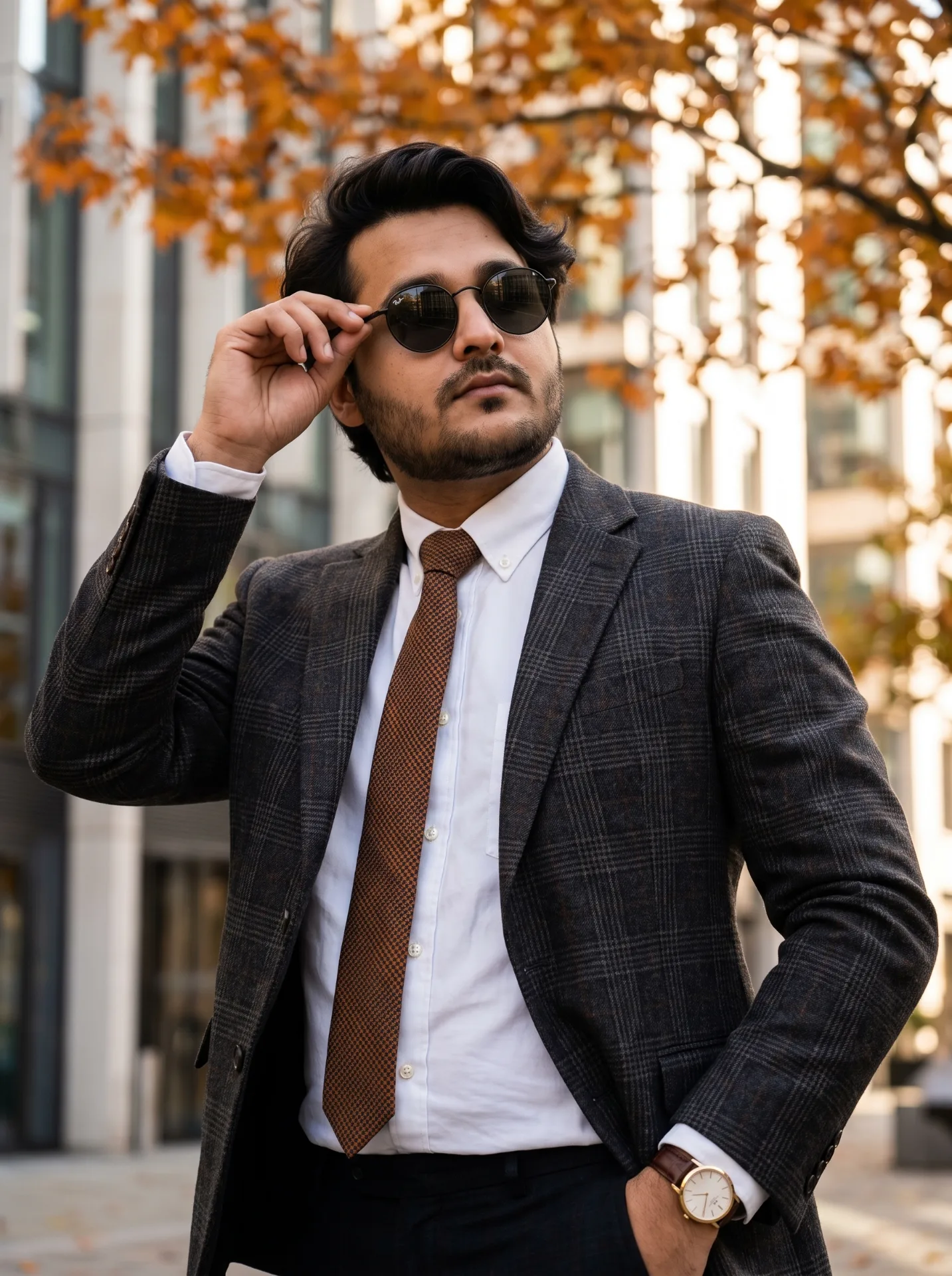 A medium shot of a stylish man with messy dark hair and well-groomed beard and mustache standing on an urban city street.