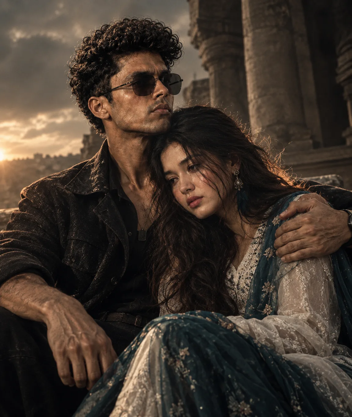 Create an ultra-realistic cinematic emotional portrait of a young South Asian couple sitting closely together in an ancient stone