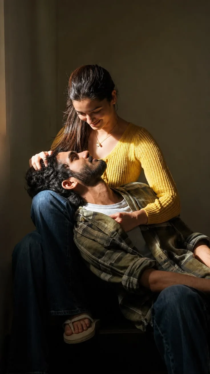 A photorealistic vertical portrait capturing the intimate moment between Alia Bhatt and Ranbir Kapoor, faithfully preserving their exact