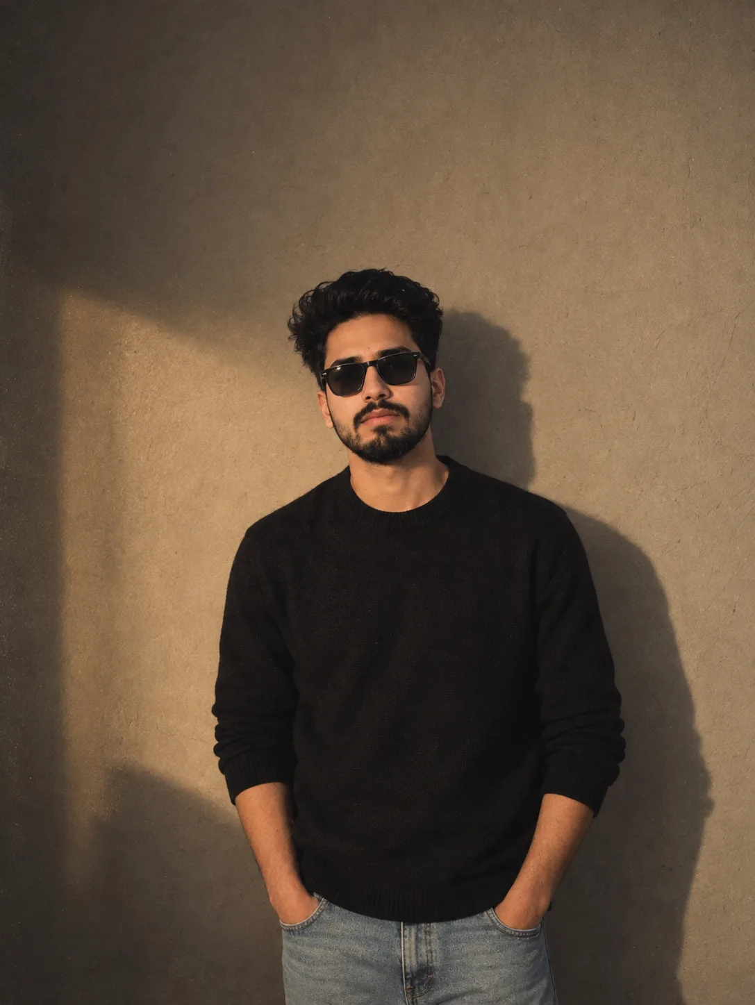A moody, cinematic portrait photo of a young man with curly black hair, wearing black sunglasses and a black sweater, standing sideways