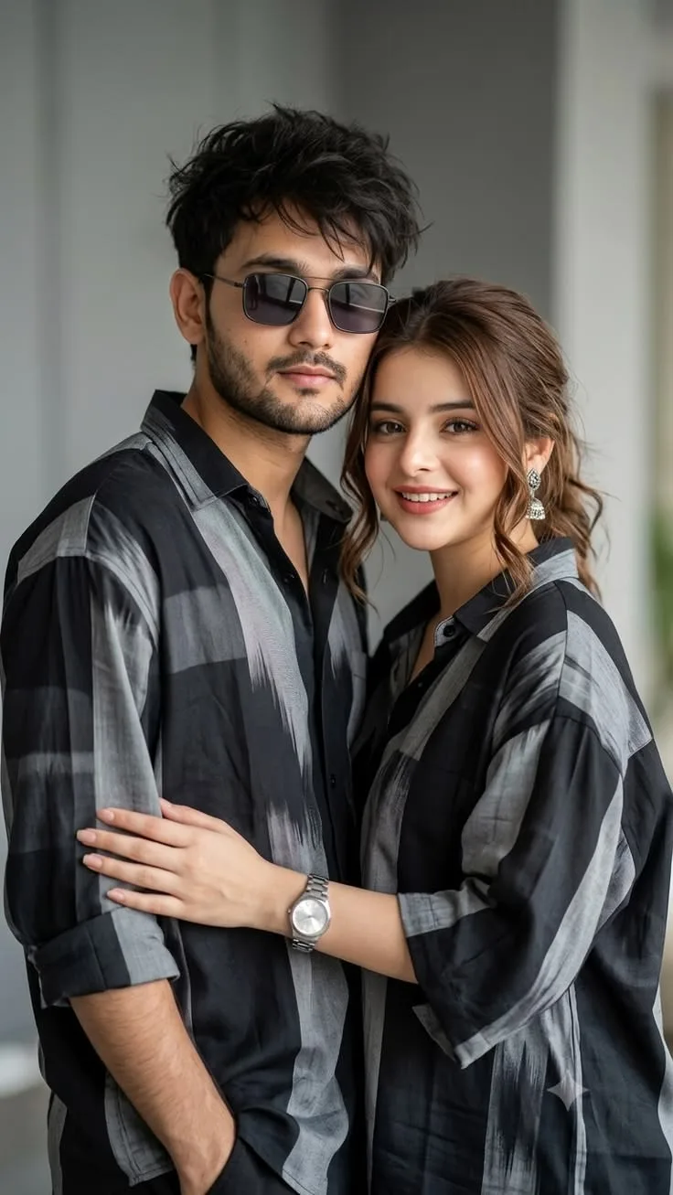 ### **Title: 🖤 Black & Grey Couple – Cinematic Portrait** **Prompt:** > Ultra-realistic, high-resolution cinematic portrait of a young