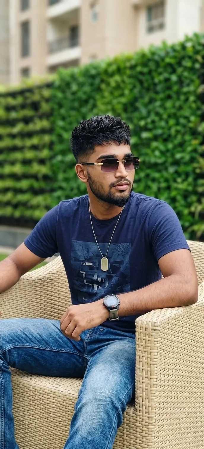 📸 Full Detailed AI Image Prompt — 8K Ultra HD Prompt: A medium three-quarter shot of a young South Asian man in his early 20s, precisely