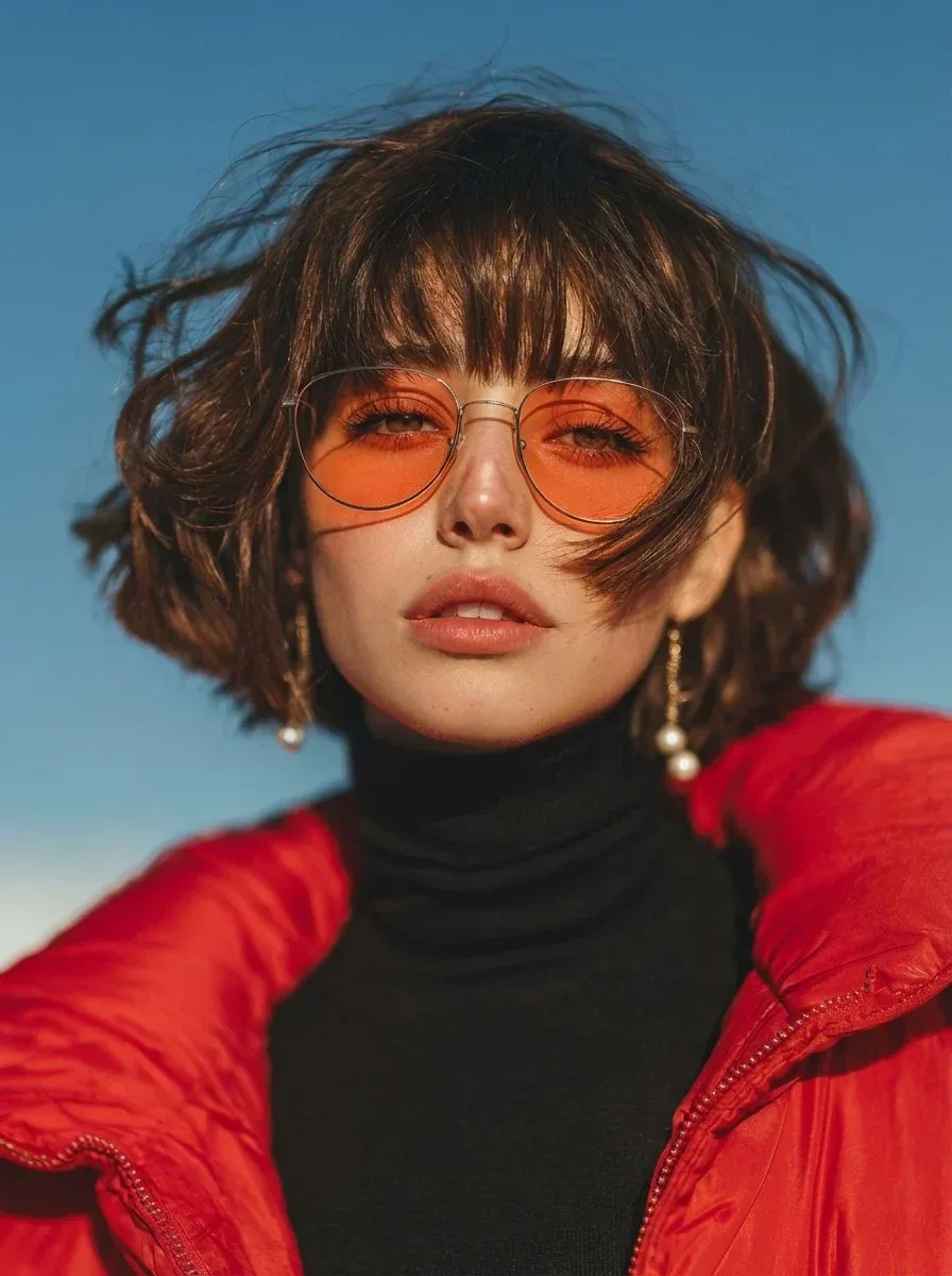 A cinematic fashion portrait of a young woman with a short wavy bob haircut and wispy bangs, wearing round orange-tinted sunglasses, pearl