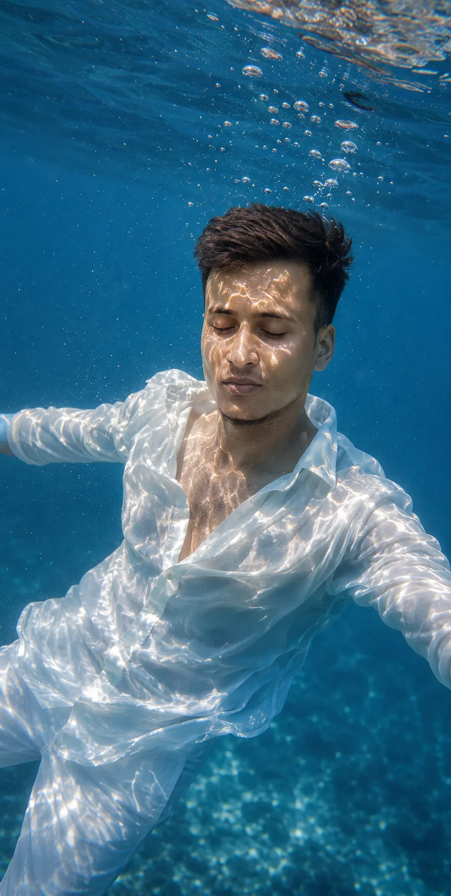 cinematic underwater portrait of young man floating peacefully beneath clear blue water, eyes closed, white shirt flowing softly, sunlight