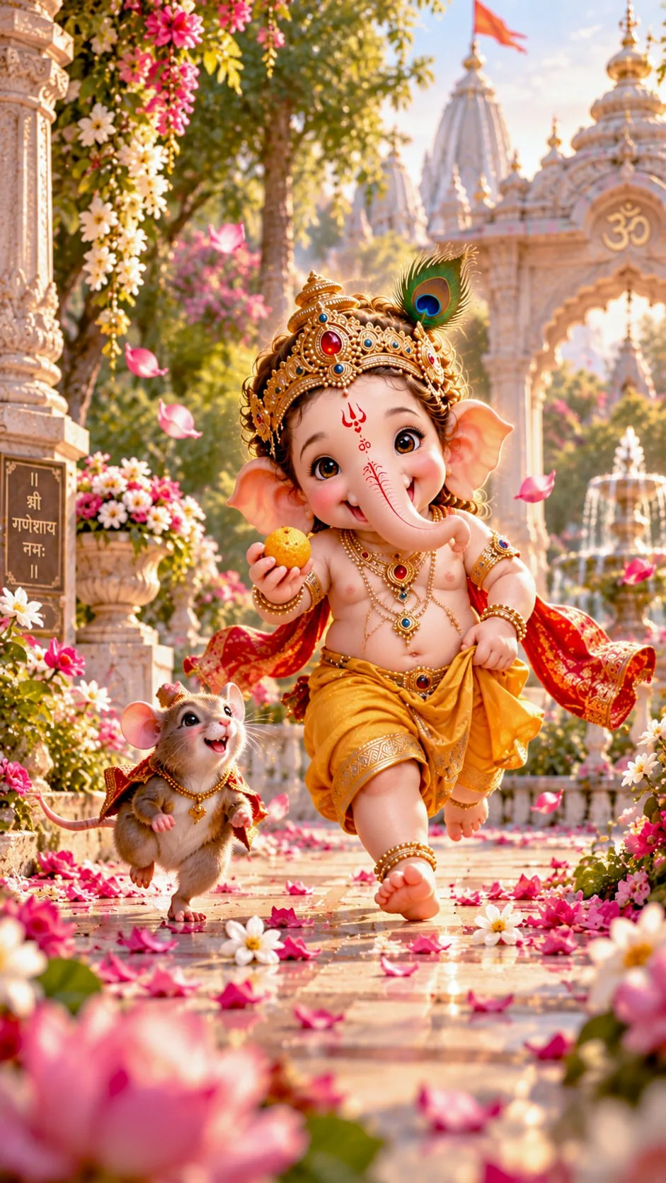 Create a stunning ultra-realistic 3D CGI devotional artwork of Baby Lord Ganesha walking joyfully through a beautiful traditional Indian