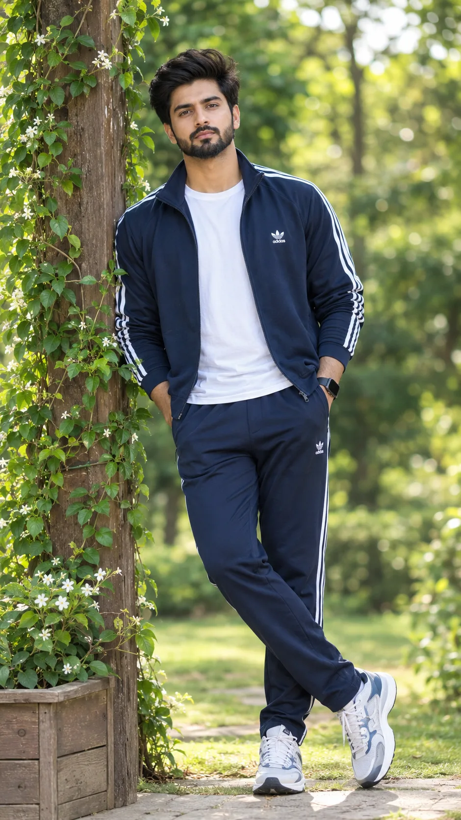 Create a highly photorealistic, full-body portrait of a handsome young South Asian man (late 20s) standing outdoors in a lush garden