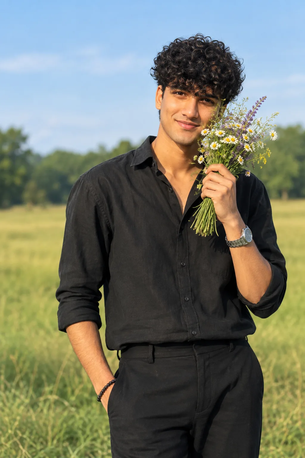A photorealistic cinematic portrait of a handsome young man standing in a beautiful open meadow during daylight, wearing a relaxed black
