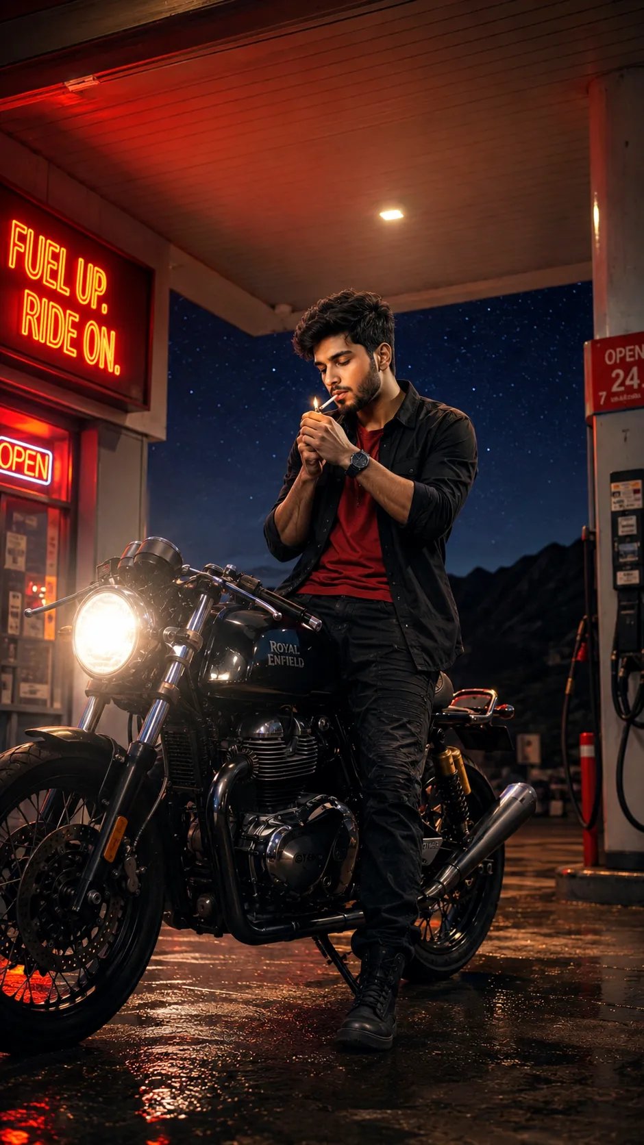 Man with Motorcycle at Night