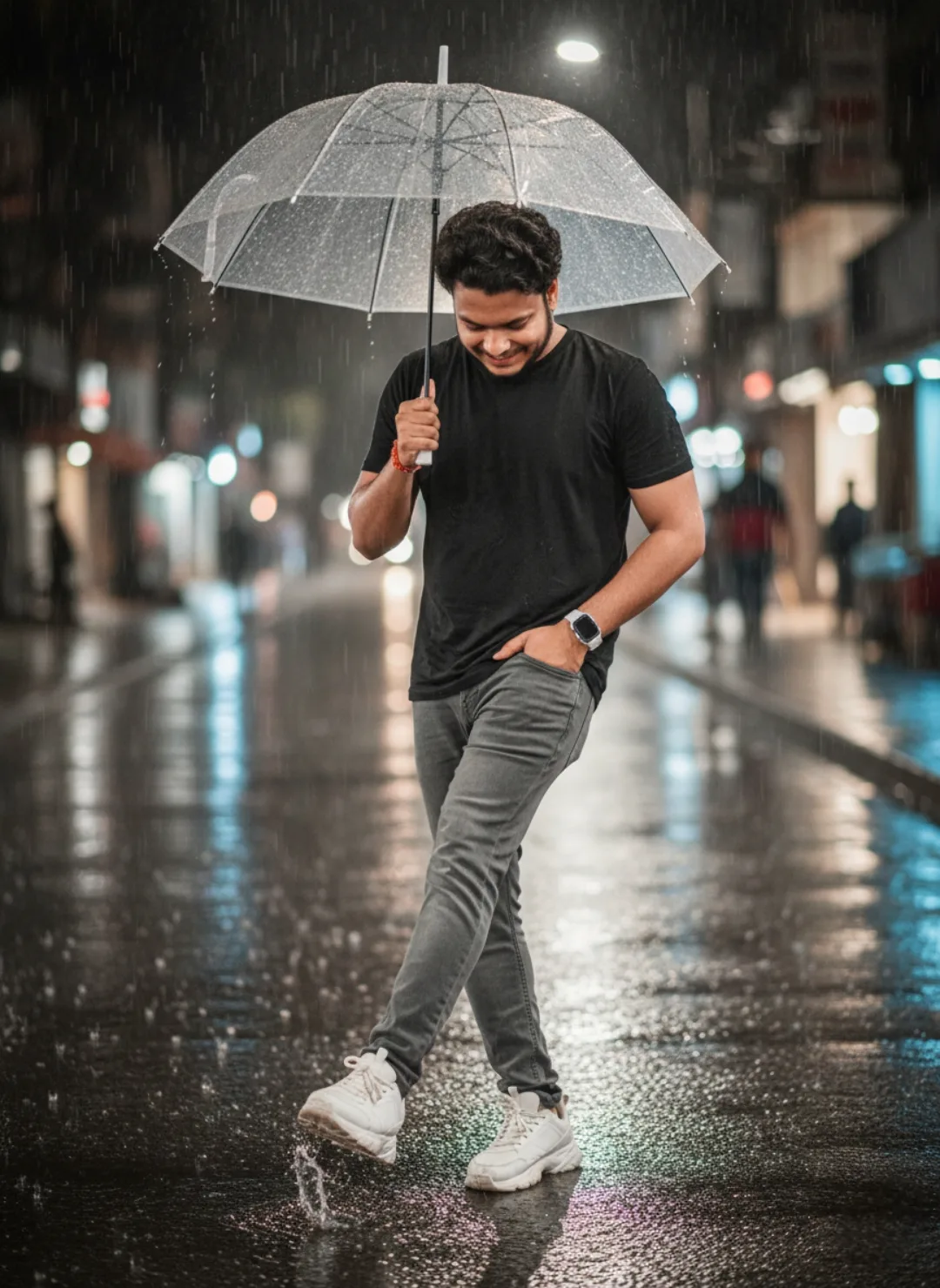 A young man with short curly black hair and a light beard, smiling warmly while looking down, walking confidently on a wet reflective city