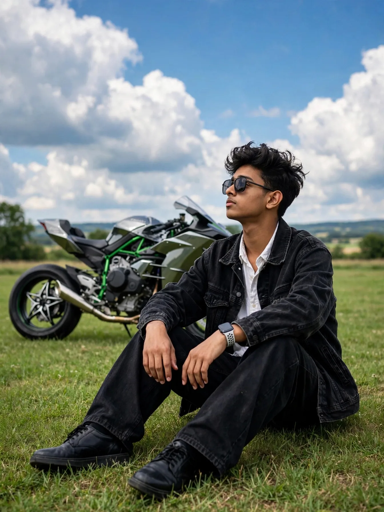 A highly realistic 8K HD high-resolution photo (3:4 aspect ratio) of a young man sitting casually on a green grassy field illuminated by