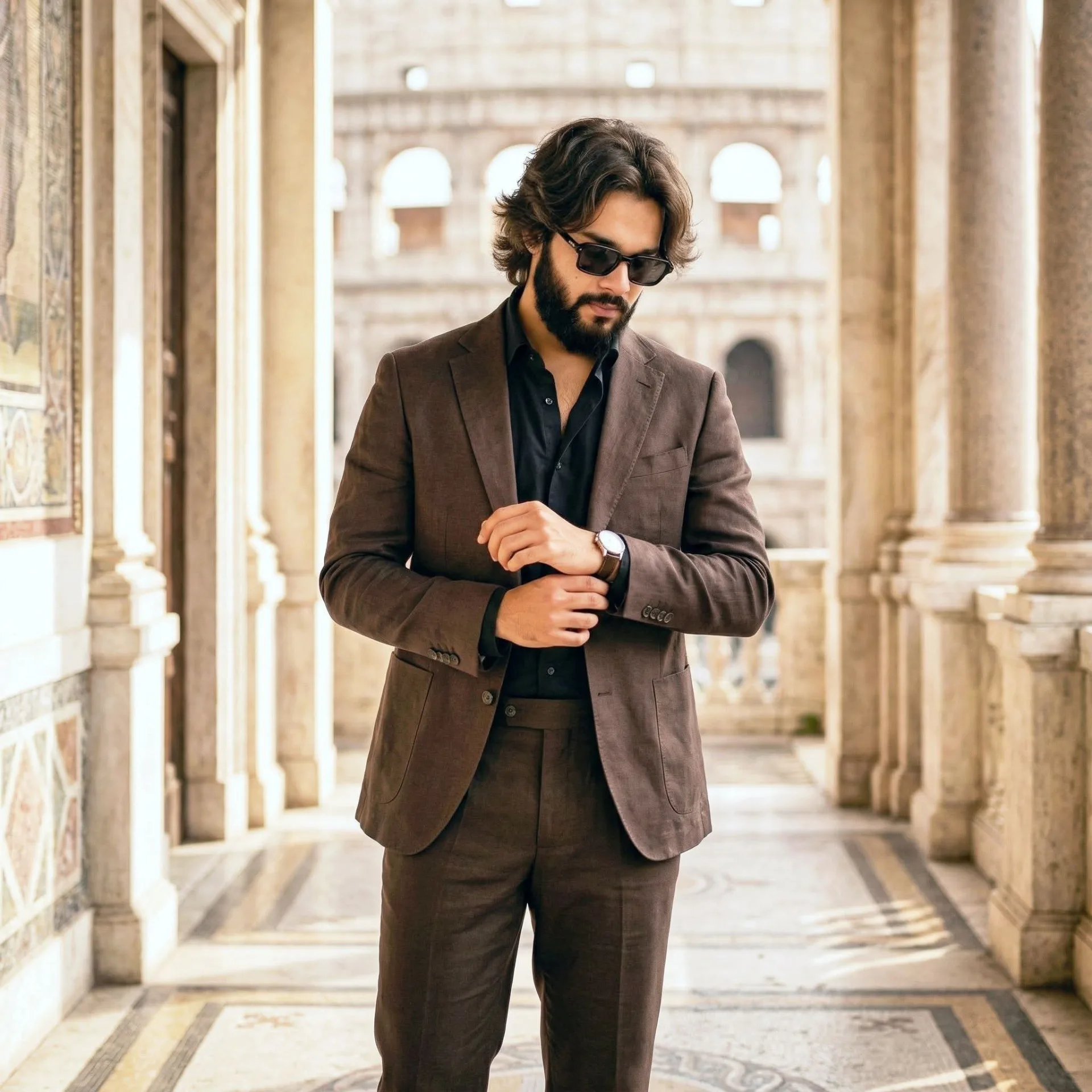 A stylish man with medium-length wavy dark brown hair and a full dark beard, wearing black rectangular sunglasses, standing in a classical