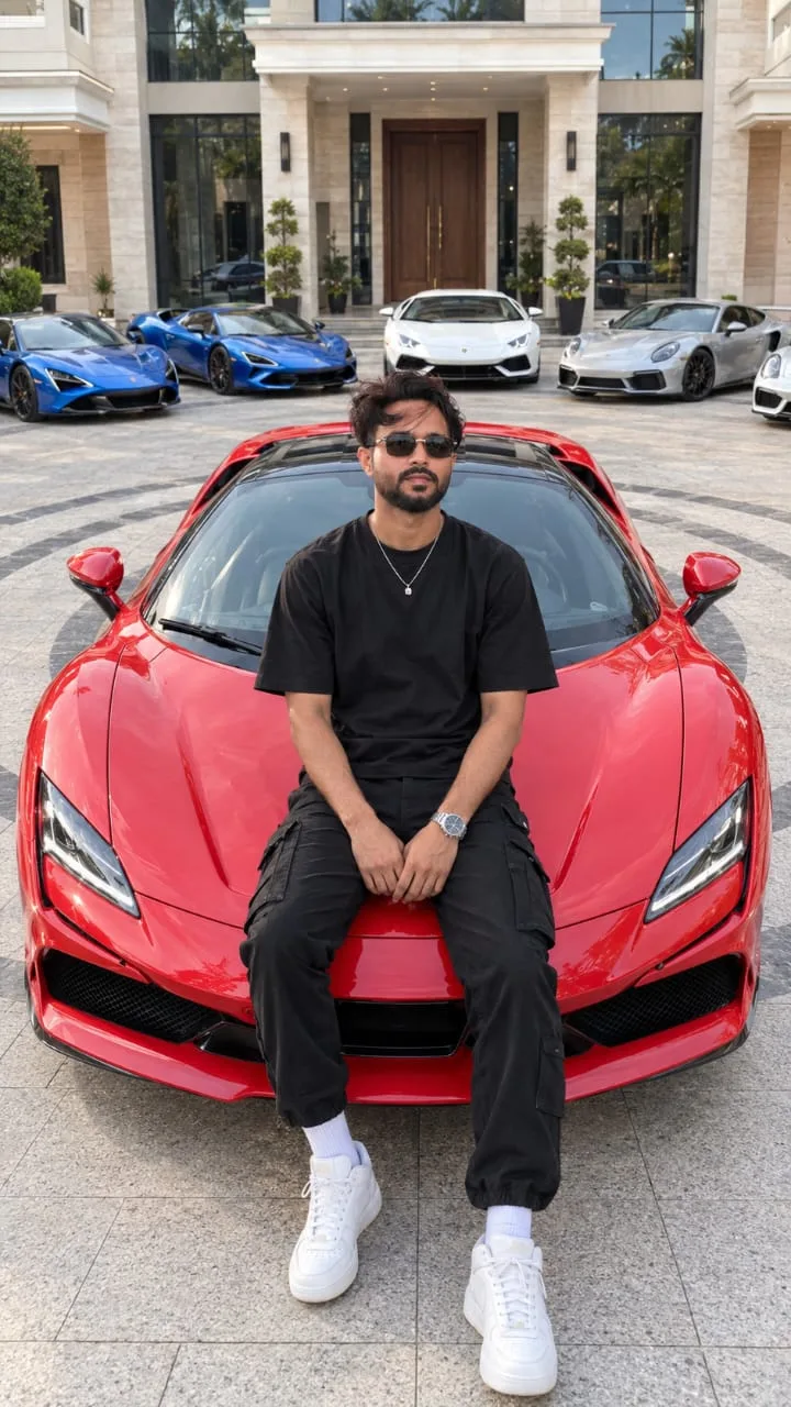 Create an ultra-realistic, high-quality 4K UHD luxury fashion photograph of a stylish young Indian man sitting confidently on the front