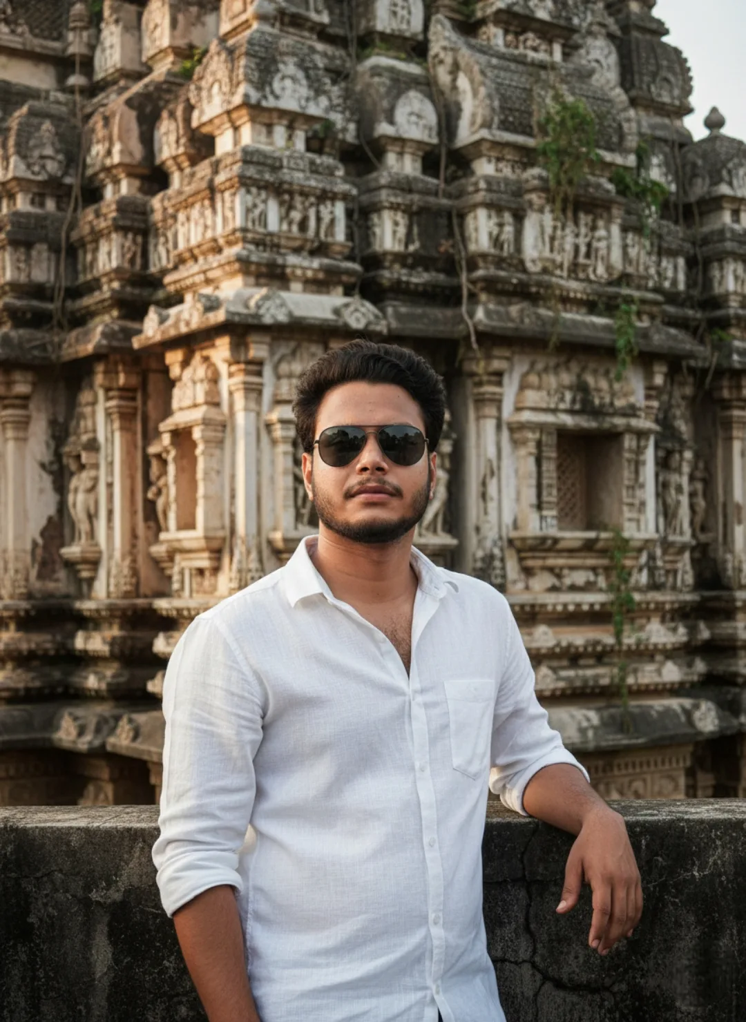 : > A realistic medium shot of a 26-year-old Indian man, 5 feet 5 inches tall, standing confidently outdoors with an ancient, intricately