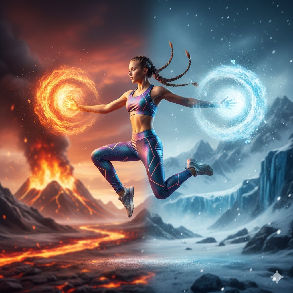 A high-action, cinematic full-body shot of a young woman in modern, iridescent athletic sportswear frozen in a dynamic mid-air jump pose.