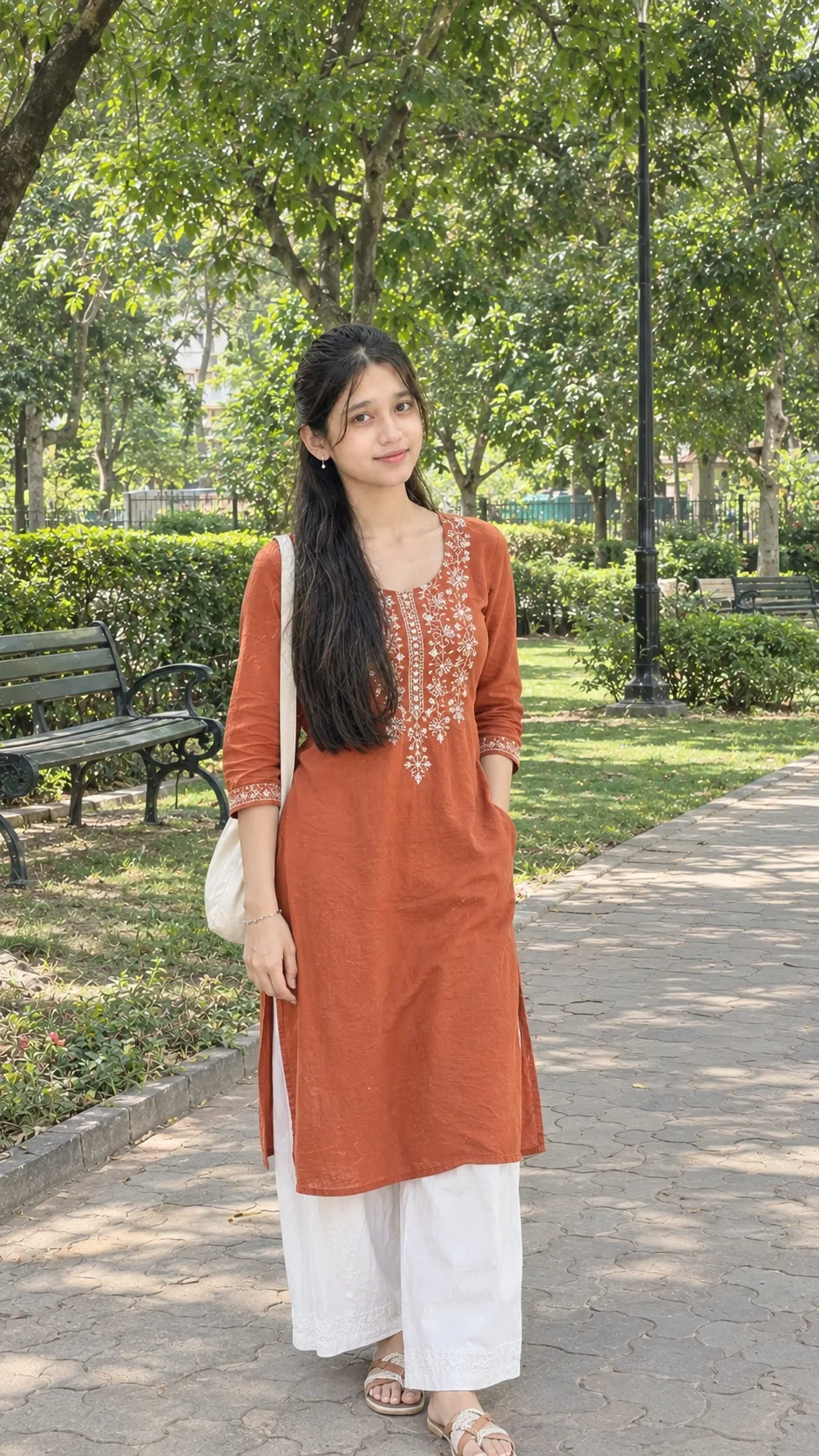 Ultra realistic full body photograph of a young woman standing in a park during daytime, shot on a real DSLR camera.