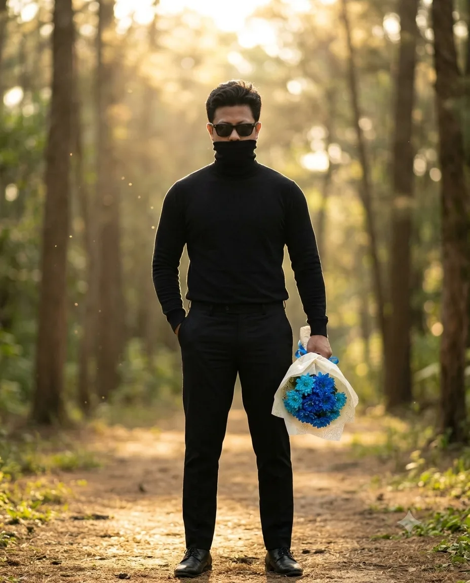 :PROMPT Create a photorealistic cinematic portrait of the man walking towNard the camera in an outdoor forest path.