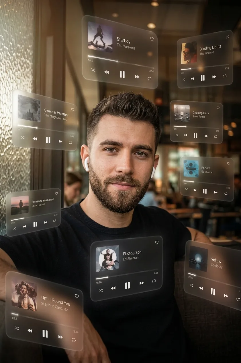 A high-detail, realistic portrait of a young man with a full beard wearing white earbuds, looking directly at the camera with a subtle
