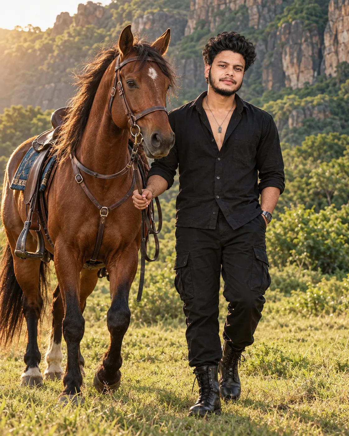 Create an ultra-realistic cinematic full-body outdoor portrait of a stylish young South Asian/Indian man standing and walking beside a