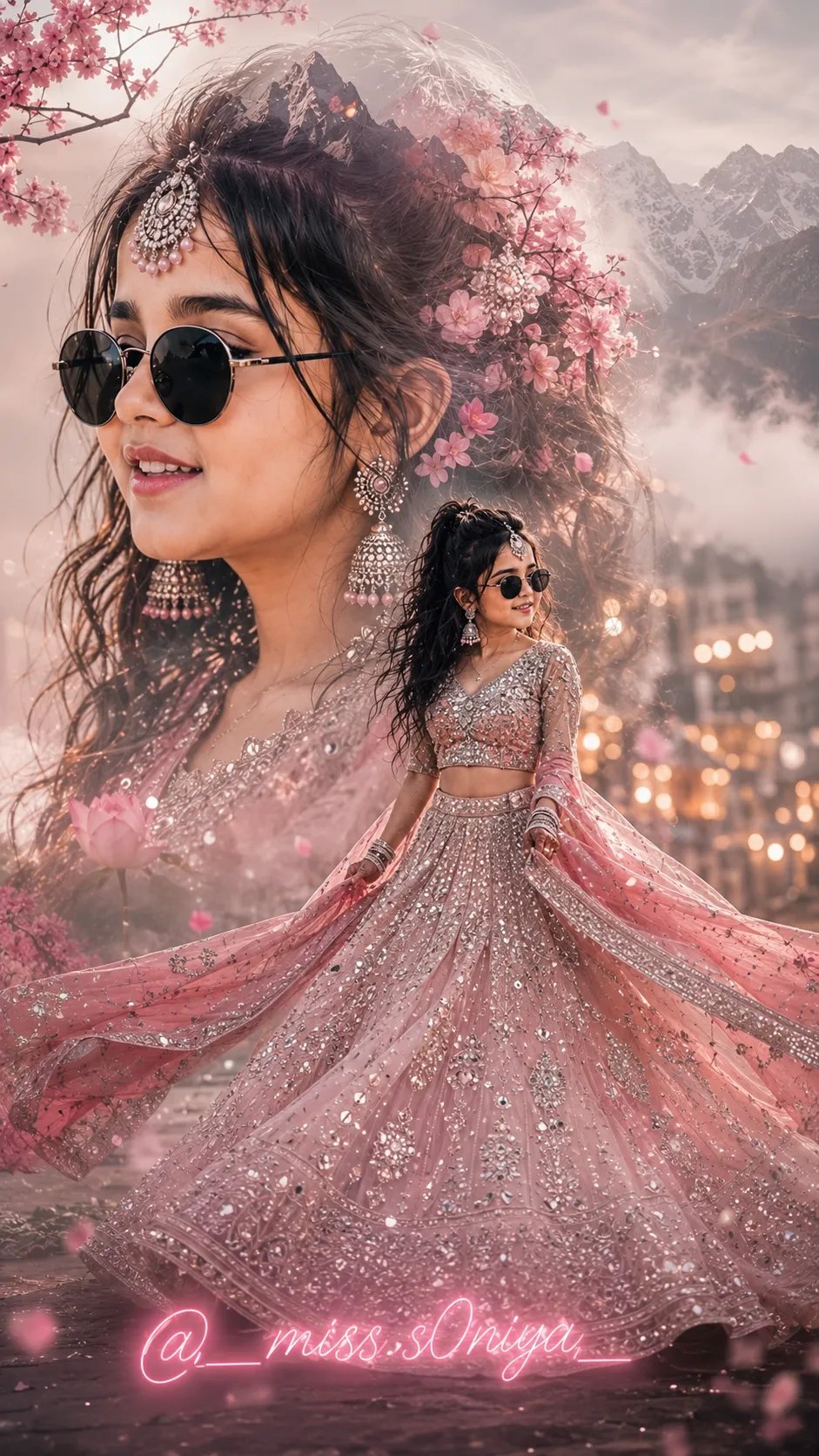 Prompt 👇👇 "Double exposure collage of an Indian bride, seamless blend with pink cherry blossoms, lotus petals, and misty Himalayan