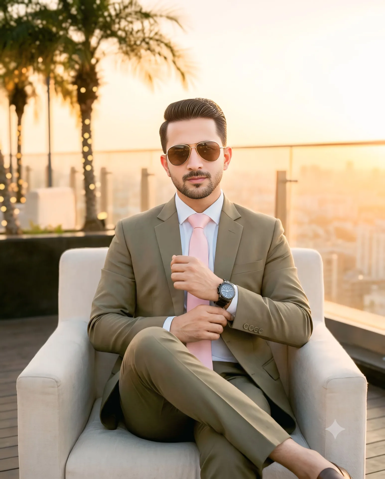 “A stylish, confident young man with neatly combed-back dark hair and a well-groomed short beard, wearing a sophisticated beige/taupe