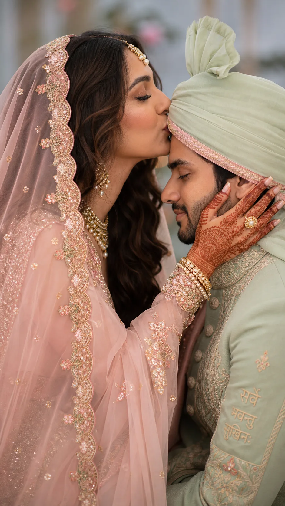 > **Close-up romantic portrait of an Indian bride kissing the groom’s forehead, emotional candid moment.