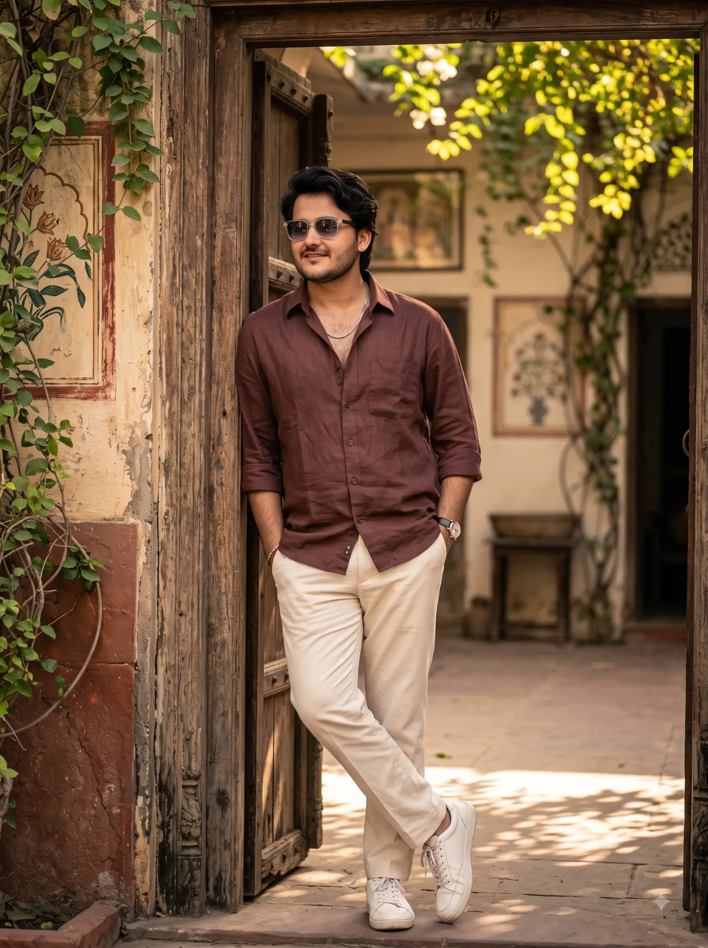 Ultra realistic cinematic DSLR portrait of a young South Asian man standing casually against a beautiful rustic heritage-style wall.