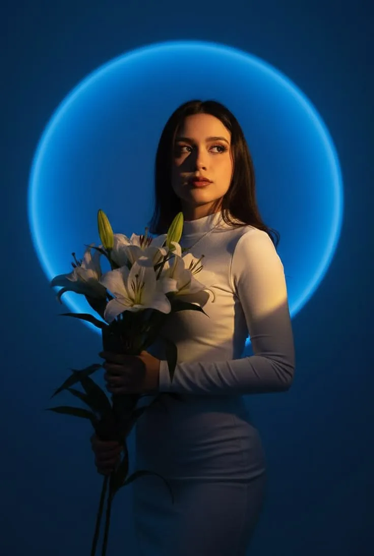 { "photo_design": { "style": "cinematic fine-art fashion portrait with dramatic blue neon lighting", "format": "vertical editorial