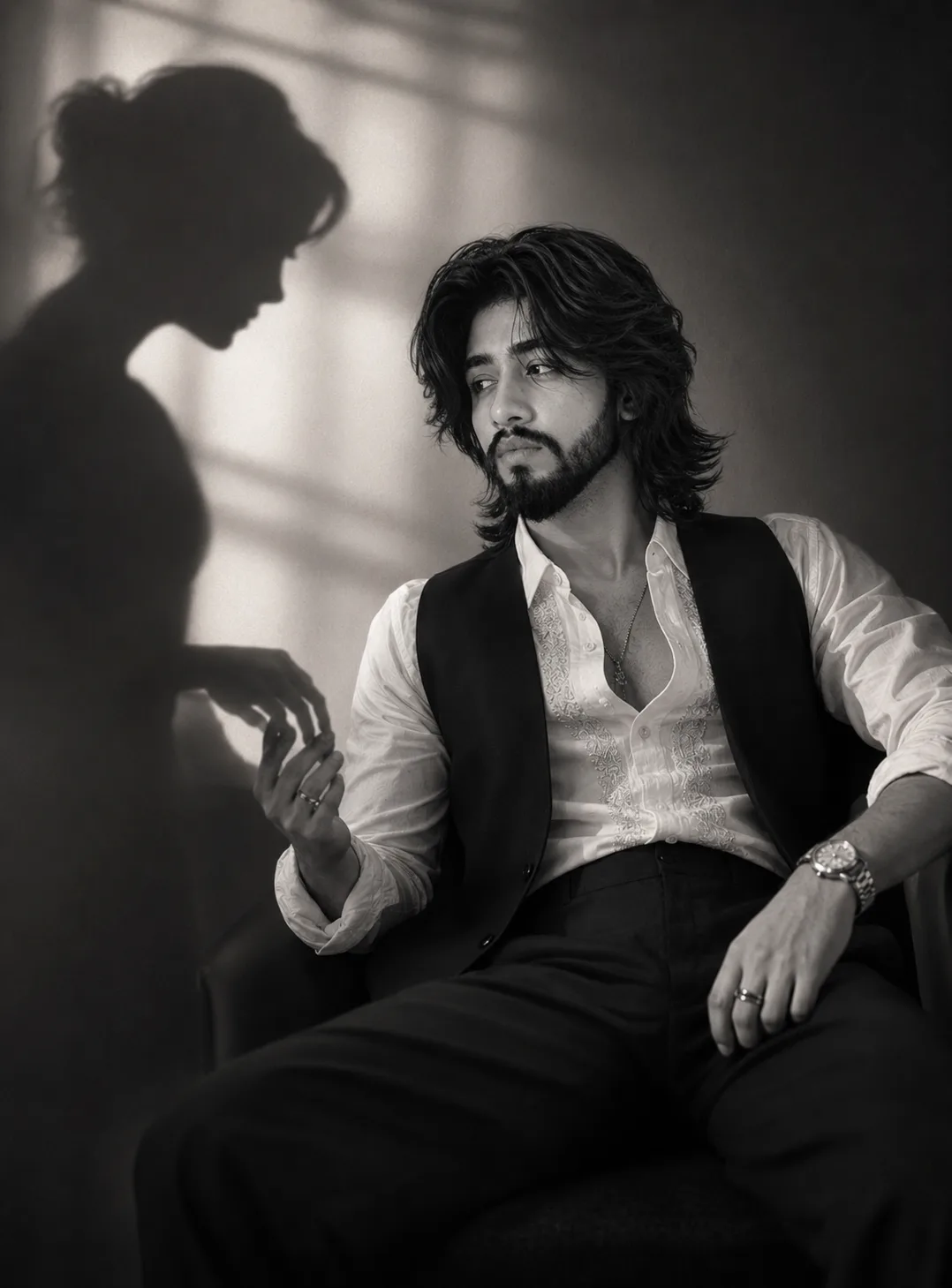 A cinematic, moody black-and-white editorial photograph of the SAME boy from the uploaded reference image.