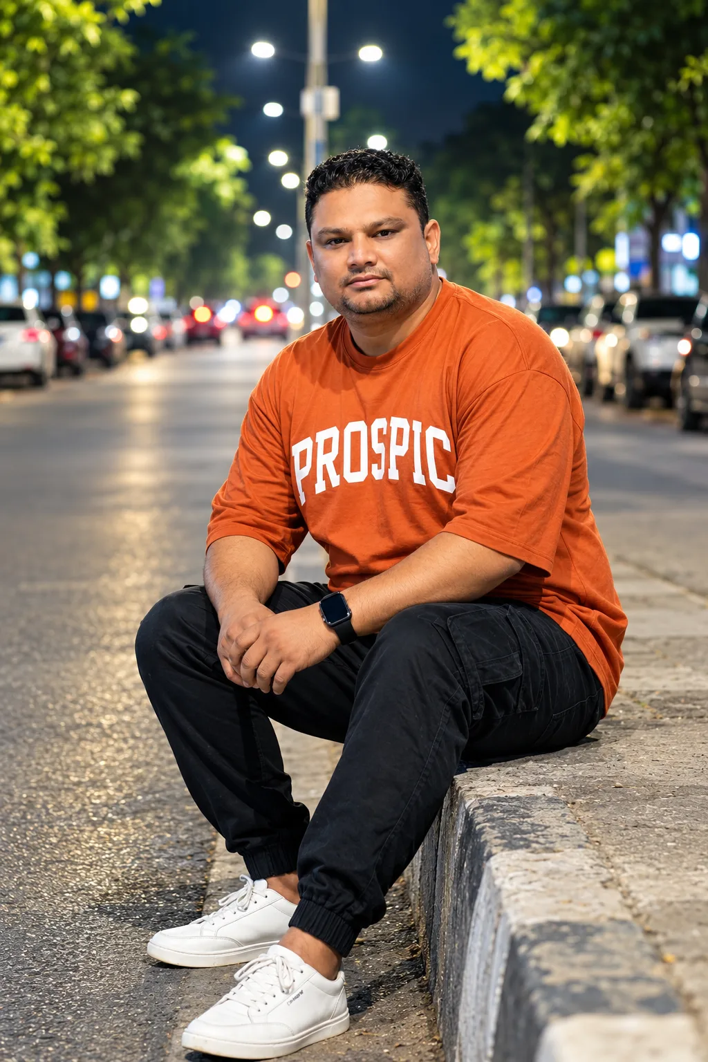 “A confident man sitting casually on a city curb at night, surrounded by glowing streetlights, soft bokeh traffic lights, and lush trees.