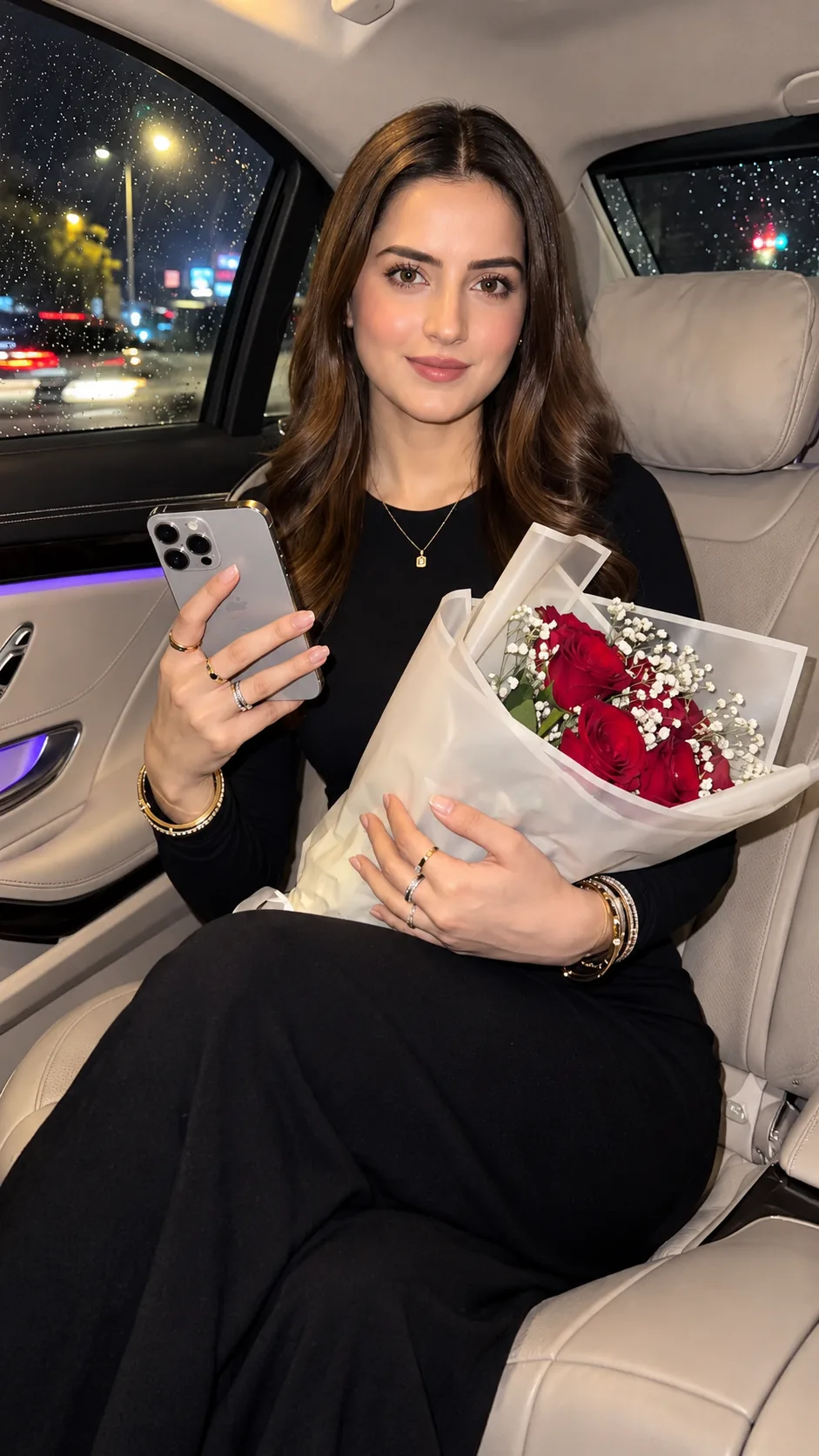 Create a highly realistic, photorealistic cinematic vertical 9:16 Instagram-style photo of a beautiful young woman sitting in the back seat
