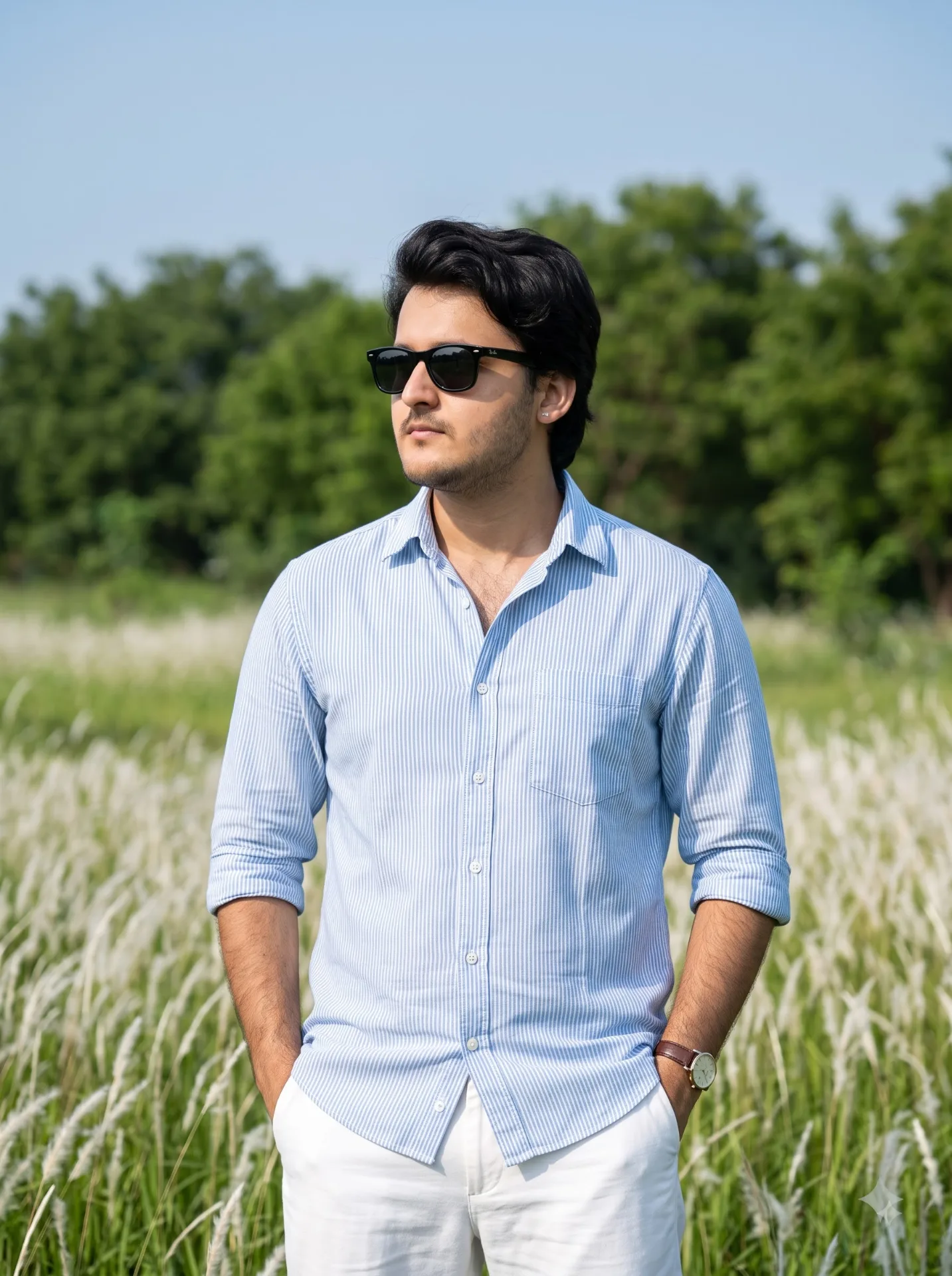 A young man with curly dark hair, wearing black sunglasses, standing in a white grass field during daytime, looking to the left side with a