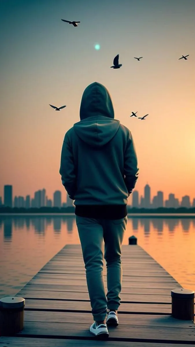 A cinematic full-body back-view portrait of a person wearing a dark teal-grey hoodie with the hood pulled up, matching sweatpants, and
