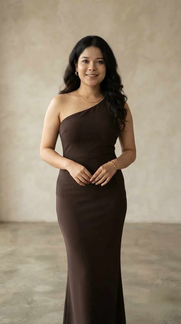 Photorealistic 9:16 full-body portrait of a young South Asian woman in an elegant dark brown one-shoulder fitted evening dress, soft wavy