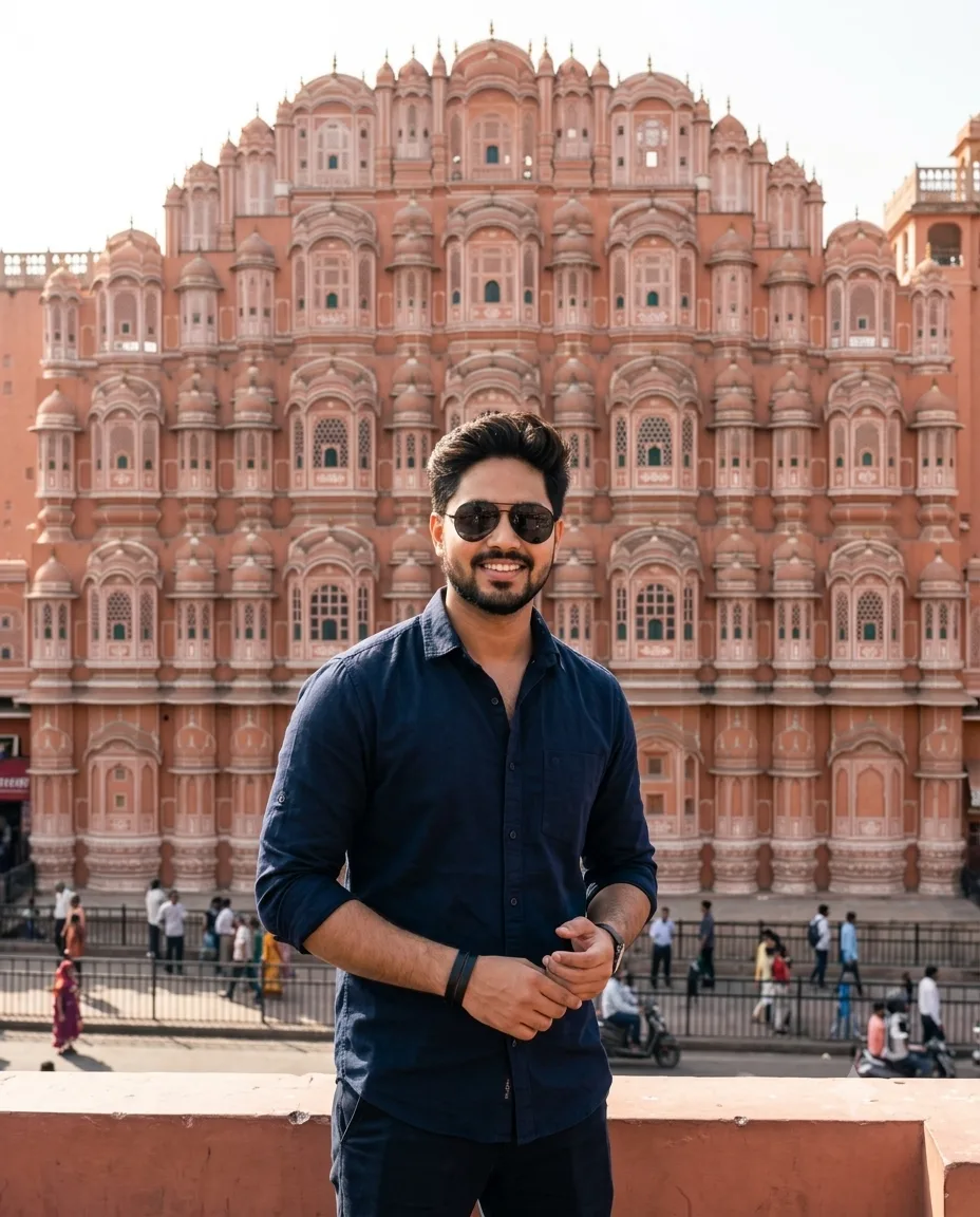 Prompt: Create a highly realistic, ultra-detailed cinematic travel photograph of a young Indian man standing casually on a rooftop terrace