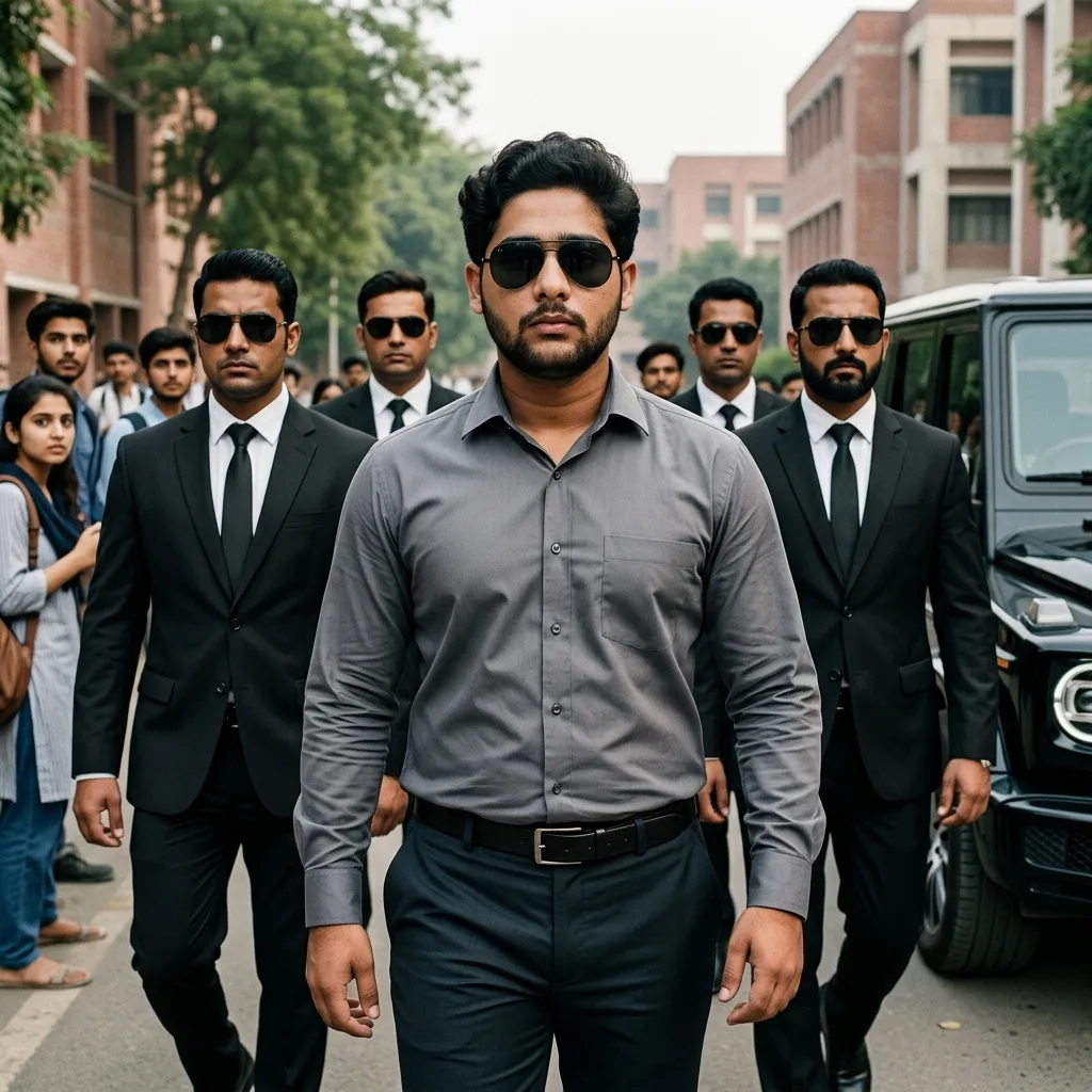 A cinematic, photorealistic medium tracking shot capturing a sharp, confident young South Asian man in his mid-20s walking forward with an